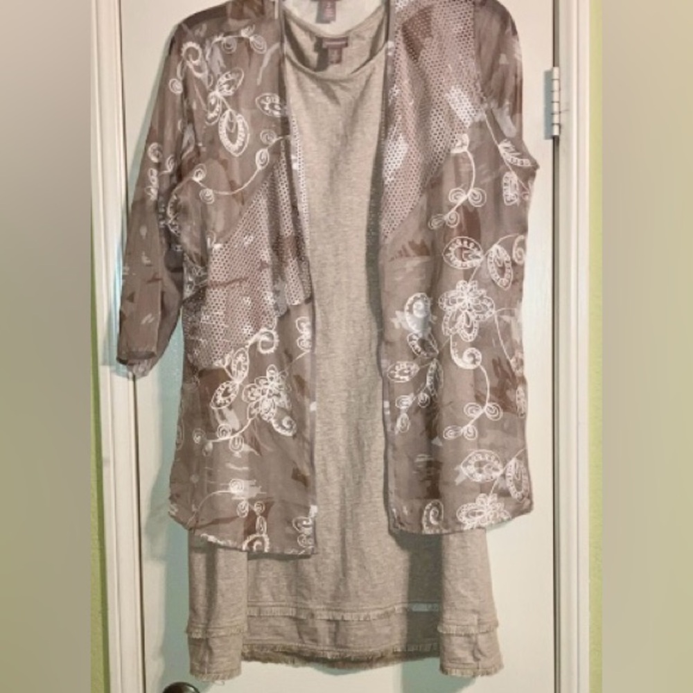 Chicos - Brown Knit Dress With Floral Overlay Jacket -Chicos 2 / EUC